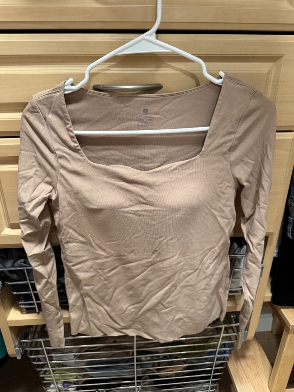 Beige Ribbed Long Sleeve Top with Built-In Bra Pads — Size S